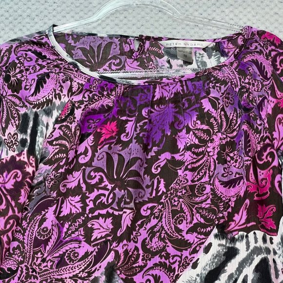 Peter Nygard Top Womens 10 Pink Black Long Sleeve Round Neck Floral Spots Print - Picture 2 of 14